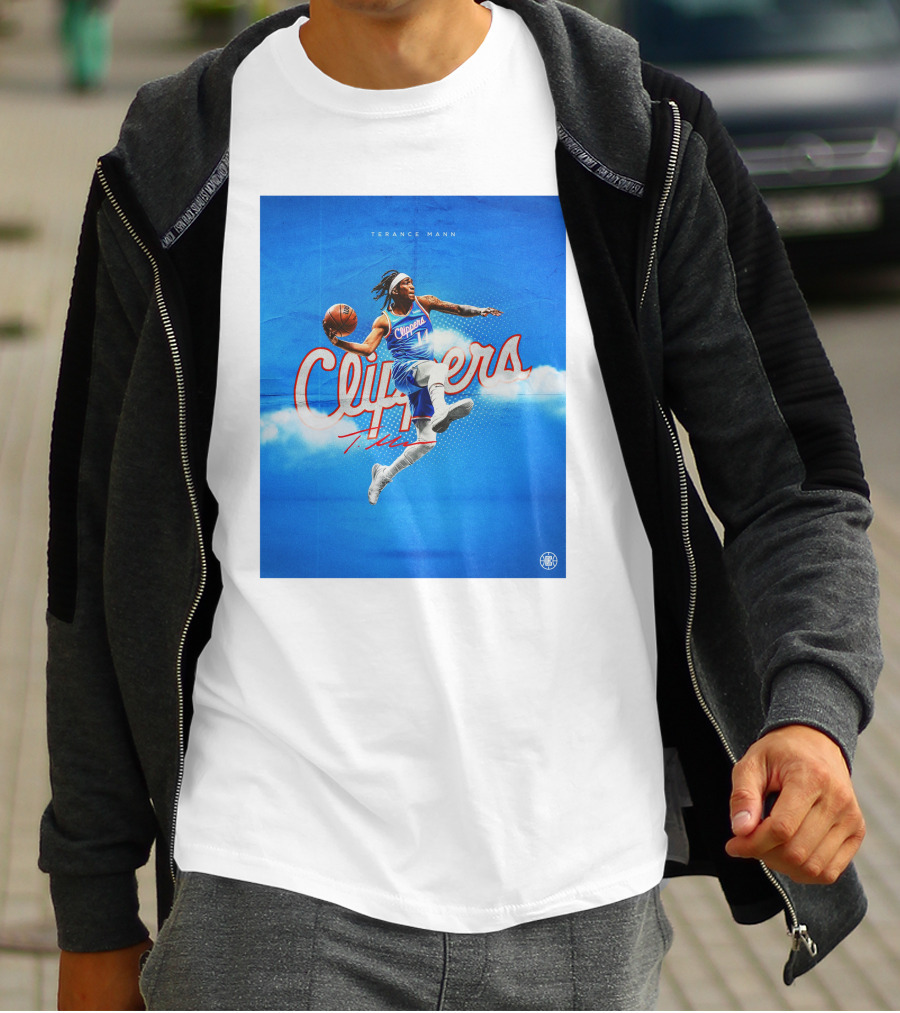 Terance Mann Clippers Basketball Motion Dribble Blue Clouds T-Shirt