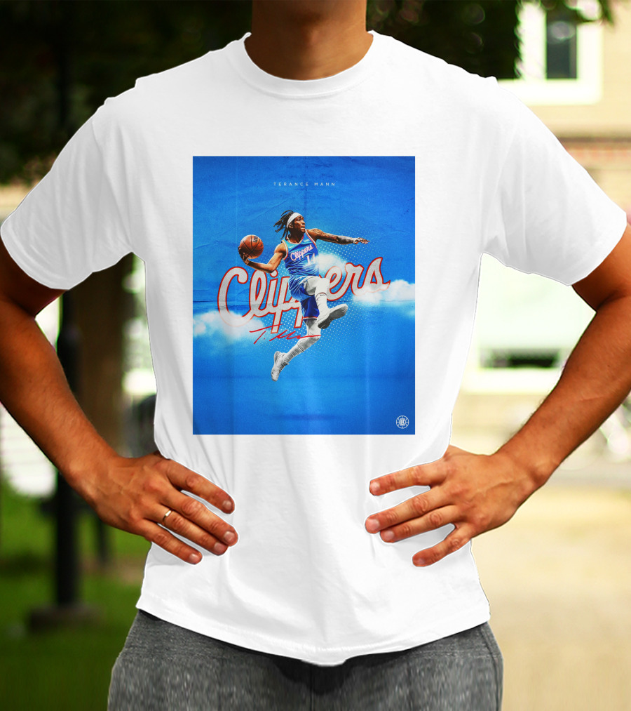 Terance Mann Clippers Basketball Motion Dribble Blue Clouds T-Shirt