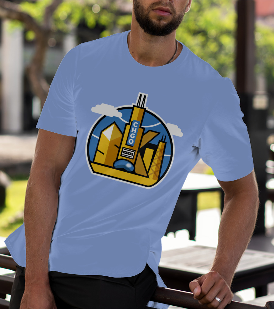 CHGO Skyline Blue Skies Sports Icon With Landmarks T-Shirt