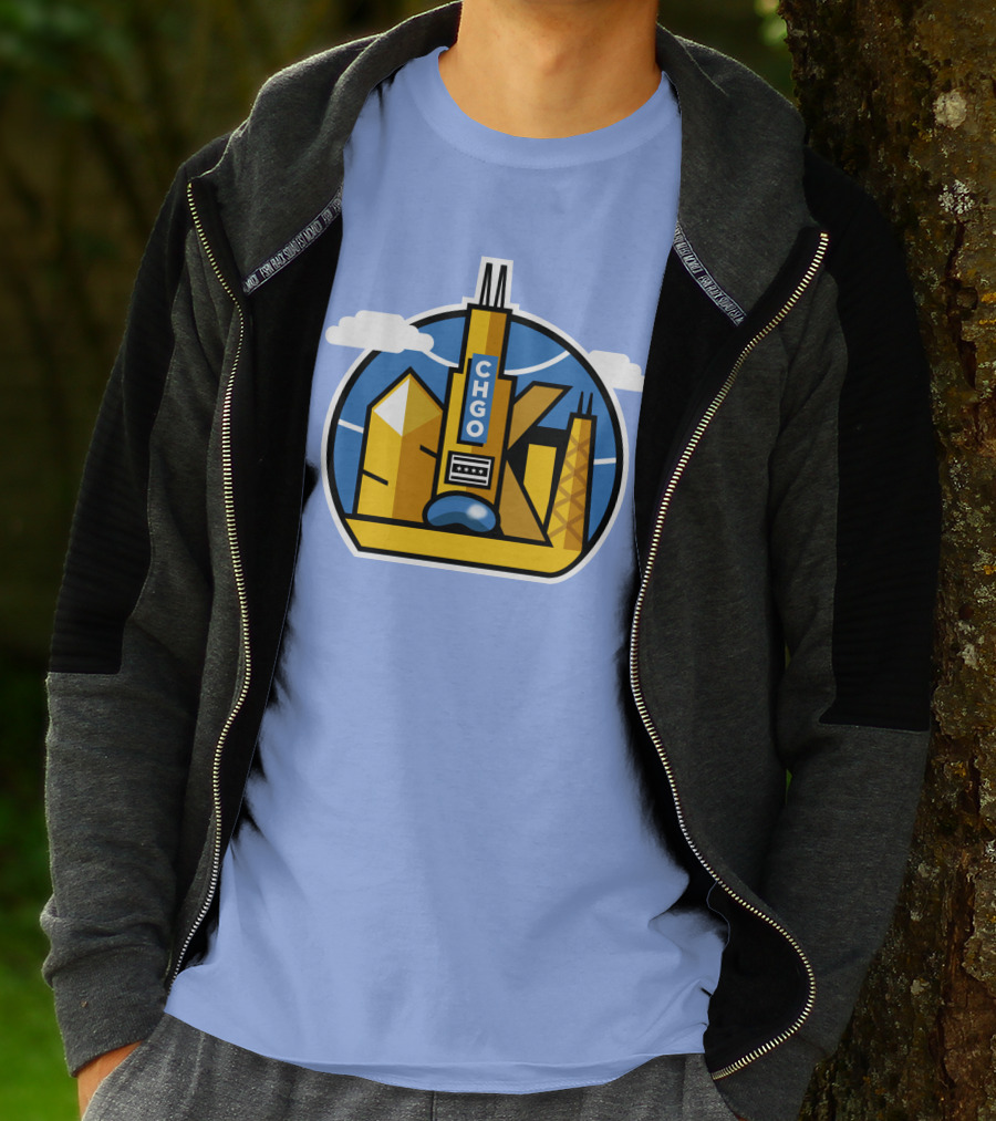 CHGO Skyline Blue Skies Sports Icon With Landmarks T-Shirt