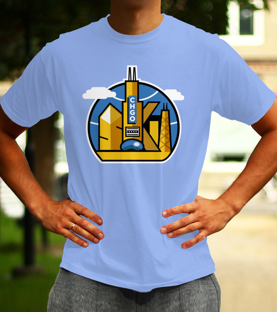 CHGO Skyline Blue Skies Sports Icon With Landmarks T-Shirt