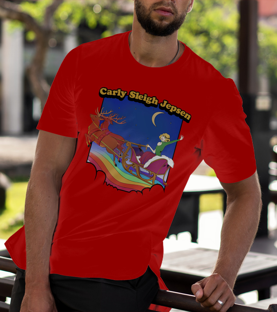 Carly Sleigh Jepsen Christmas Reindeer Sleigh Adventure Under Moonlit Sky T-Shirt