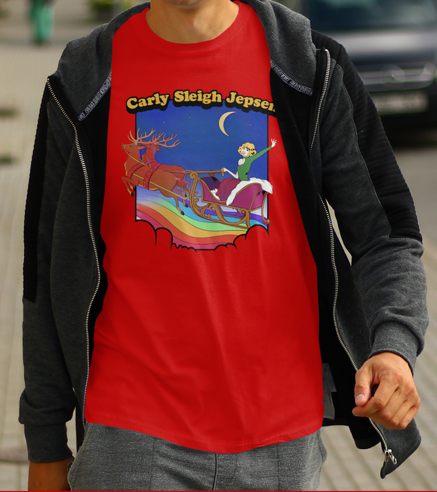Carly Sleigh Jepsen Christmas Reindeer Sleigh Adventure Under Moonlit Sky T-Shirt