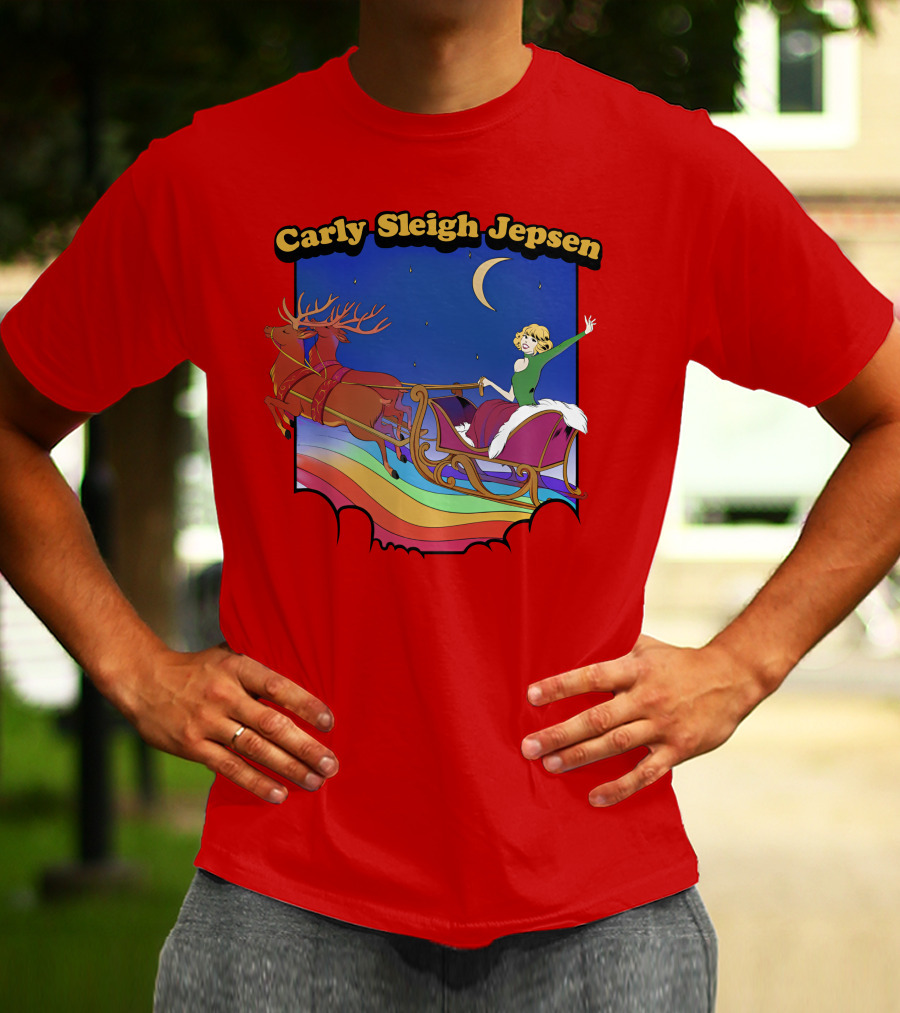 Carly Sleigh Jepsen Christmas Reindeer Sleigh Adventure Under Moonlit Sky T-Shirt