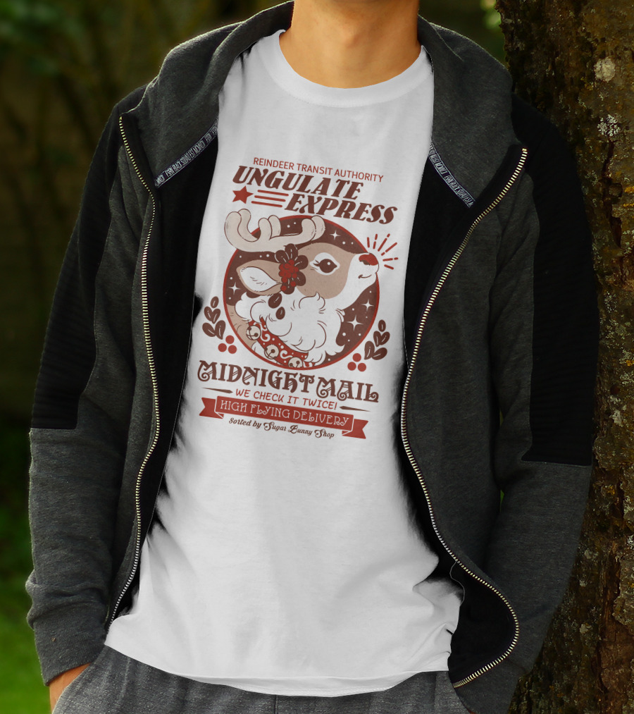 Reindeer Transit Authority Ungulate Express Midnight Mail High Flying Delivery T-Shirt