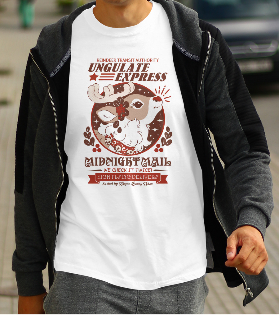 Reindeer Transit Authority Ungulate Express Midnight Mail High Flying Delivery T-Shirt