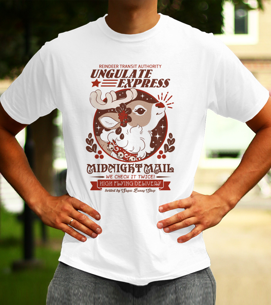Reindeer Transit Authority Ungulate Express Midnight Mail High Flying Delivery T-Shirt