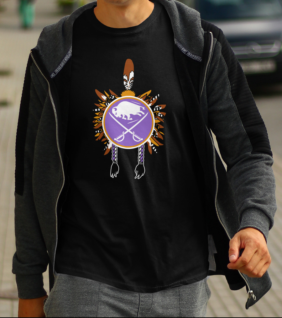 Buffalo Sabres Native American Feathered Symbol With Purple Circle And Crossing Sticks T-Shirt