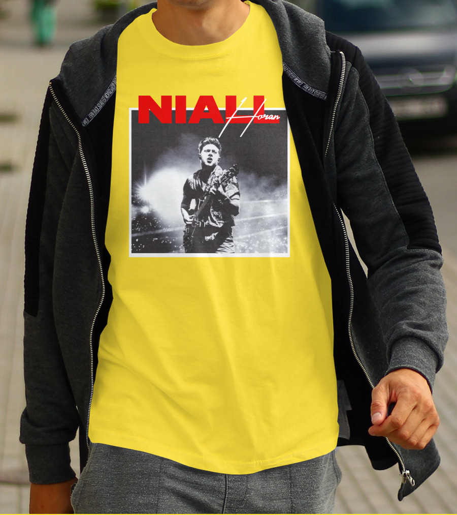 Niall Horan Live Performance Black And White Stage Photo With Red Name Highlight T-Shirt