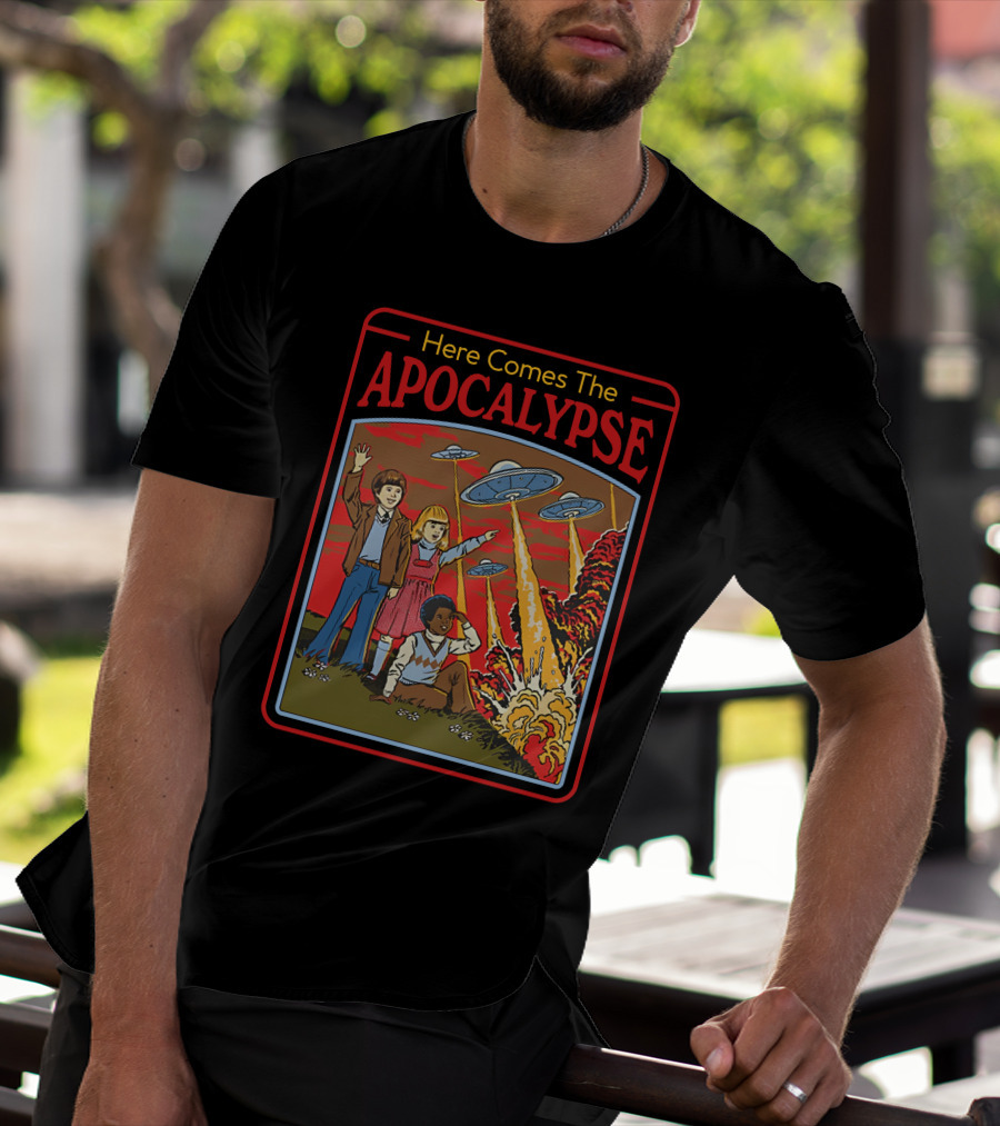 Here Comes The Apocalypse UFO Invasion With Kids And Explosions T-Shirt