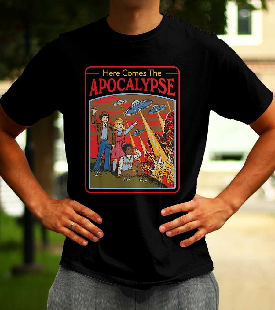 Here Comes The Apocalypse UFO Invasion With Kids And Explosions T-Shirt