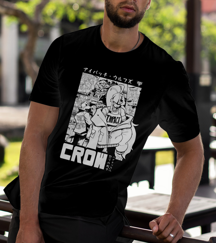 CROW Impact Eyepatch Wolf Wrestle Comics Bad Boy Anger Warrior Japan Text T-Shirt