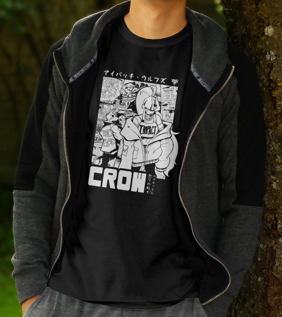 CROW Impact Eyepatch Wolf Wrestle Comics Bad Boy Anger Warrior Japan Text T-Shirt