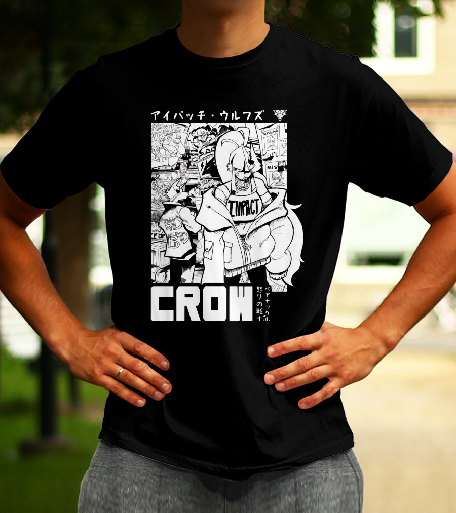 CROW Impact Eyepatch Wolf Wrestle Comics Bad Boy Anger Warrior Japan Text T-Shirt