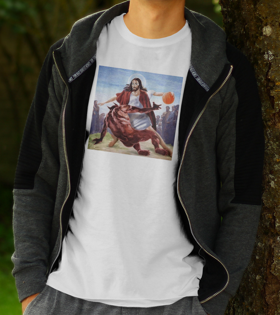 Jesus Dribbling Basketball Past Demon With Onlookers T-Shirt