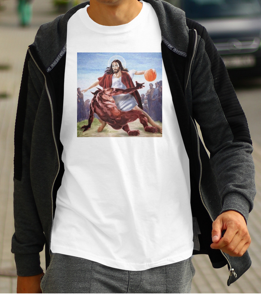 Jesus Dribbling Basketball Past Demon With Onlookers T-Shirt