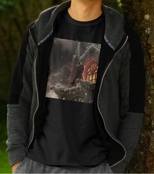A Knight In The Frost Gothic Cathedral Snowfall Scene T-Shirt
