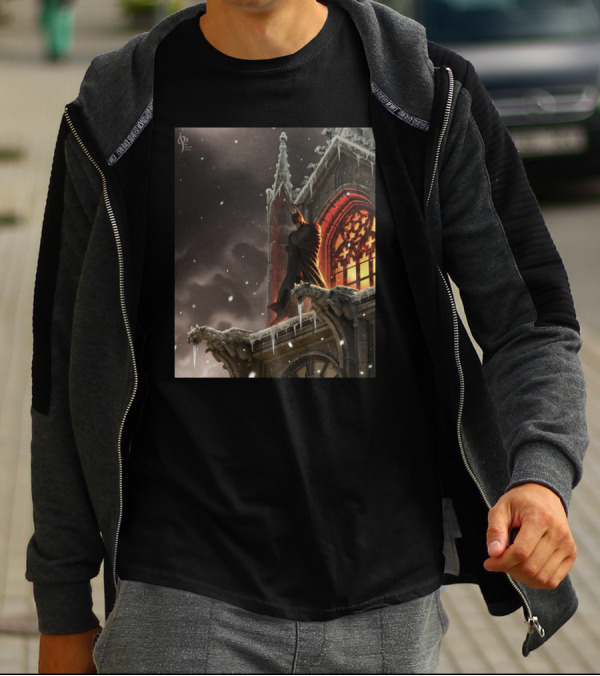 A Knight In The Frost Gothic Cathedral Snowfall Scene T-Shirt