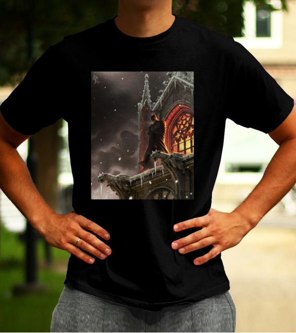 A Knight In The Frost Gothic Cathedral Snowfall Scene T-Shirt