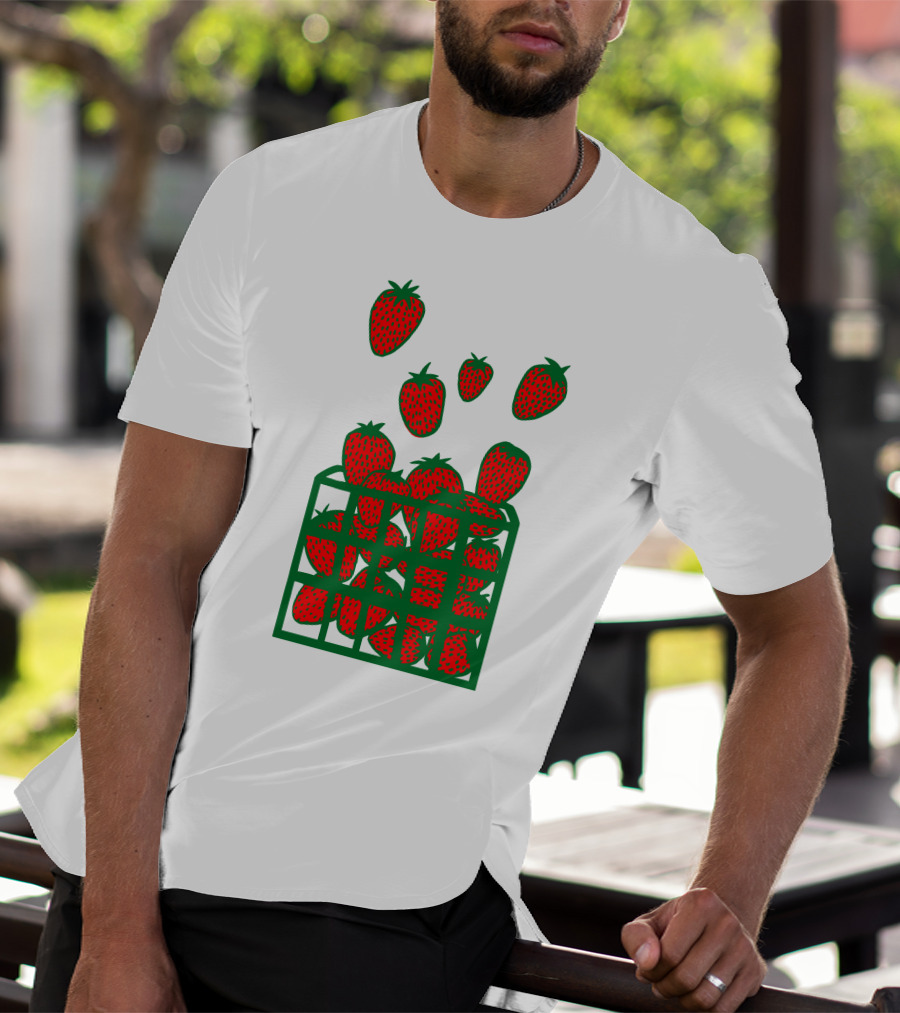 Strawberry Basket With Falling Strawberries Screen Print T-Shirt