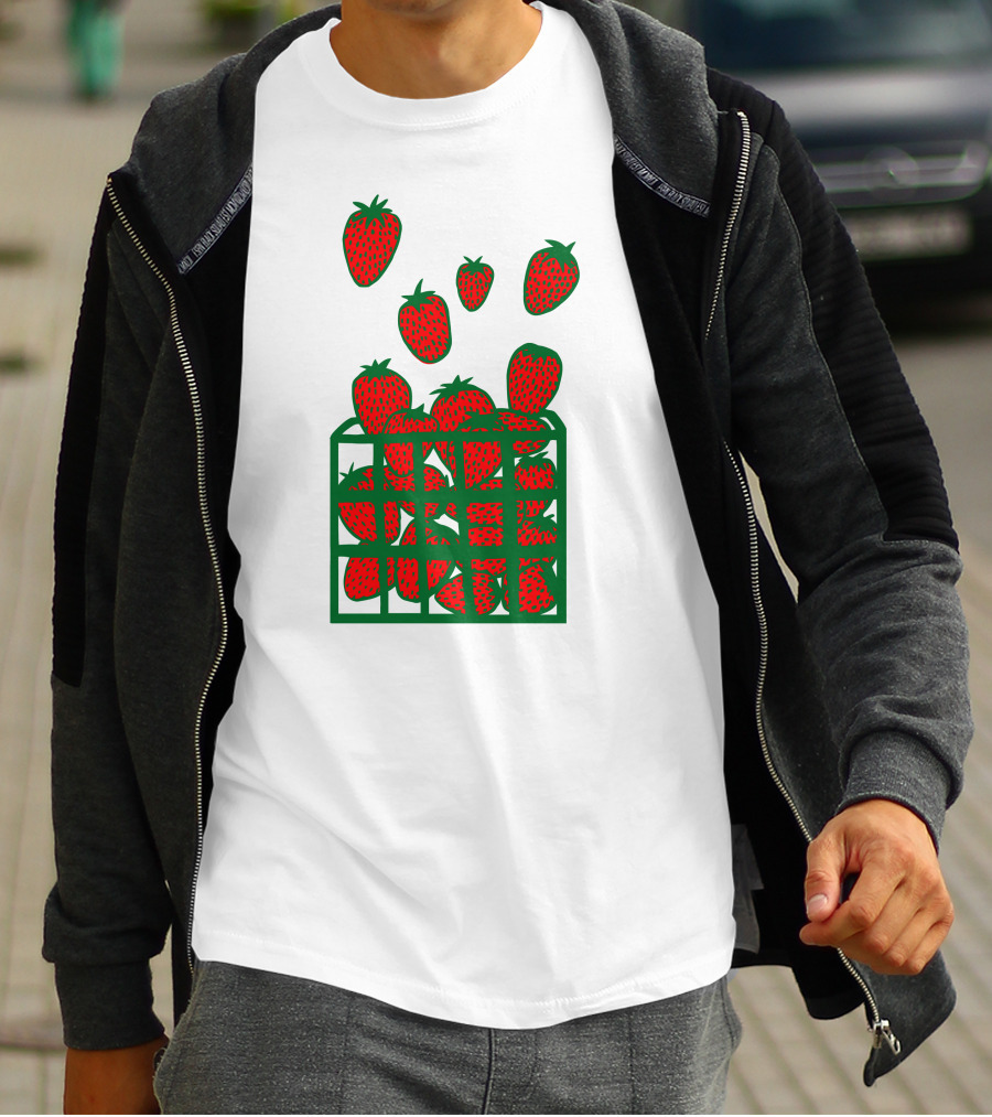 Strawberry Basket With Falling Strawberries Screen Print T-Shirt