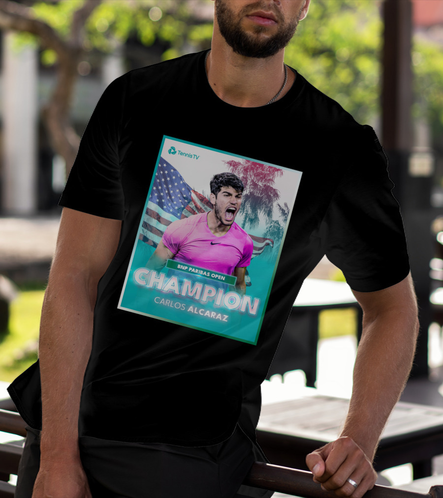 TennisTV BNP Paribas Open Champion Carlos Alcaraz American Flag Background T-Shirt
