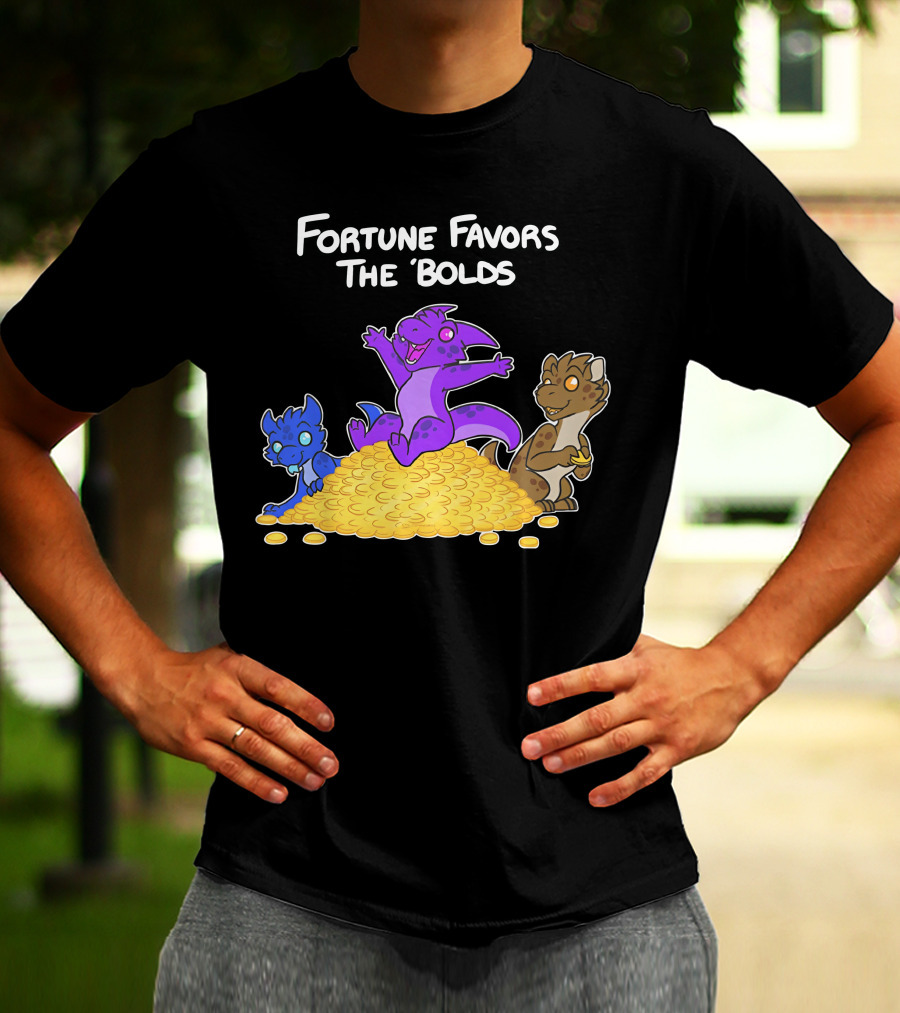 Kobold Fortune Favors The Bold Colorful Cartoon Creatures On Gold Coins T-Shirt