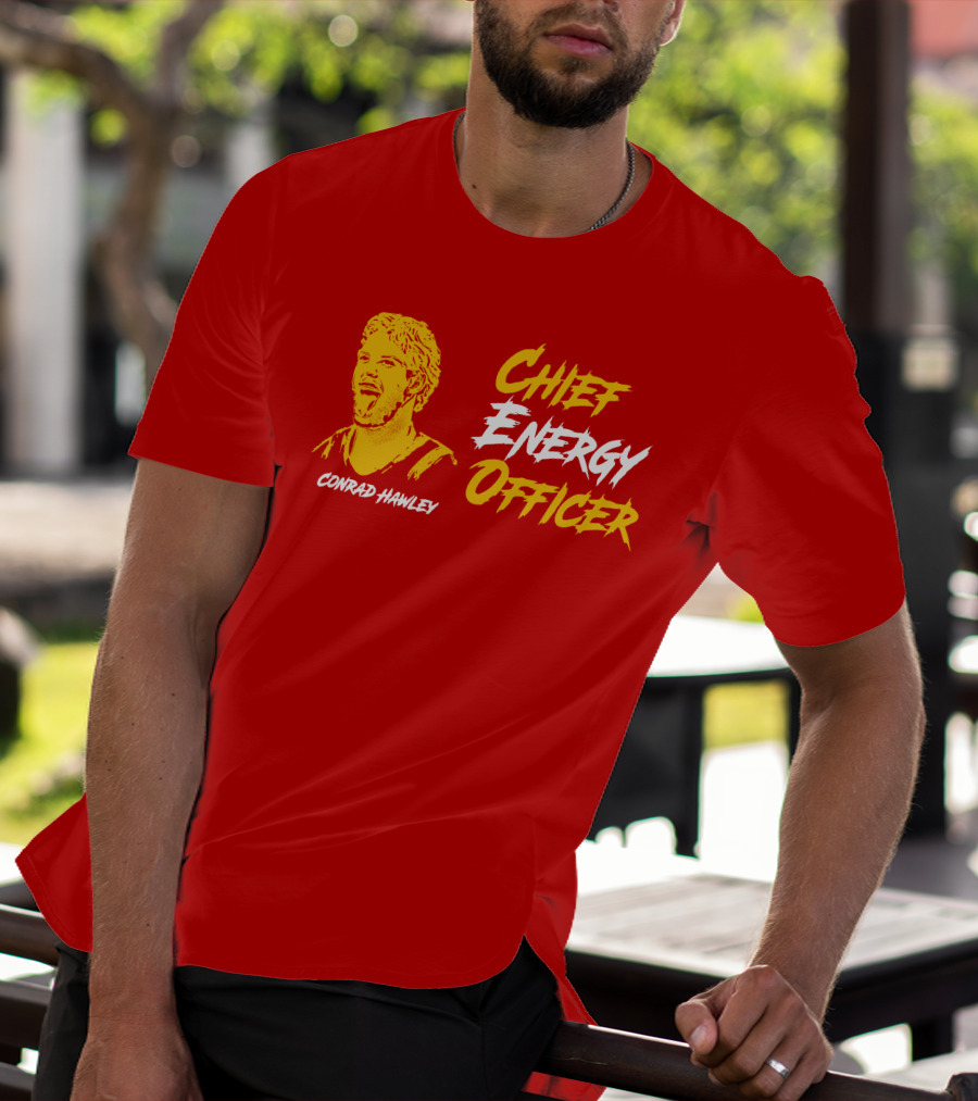 Conrad Hawley Chief Energy Officer Enthusiastic Portrait In Bold Yellow And White Text T-Shirt