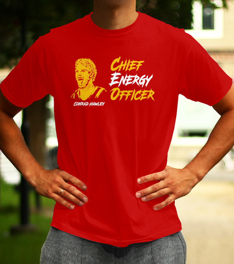 Conrad Hawley Chief Energy Officer Enthusiastic Portrait In Bold Yellow And White Text T-Shirt