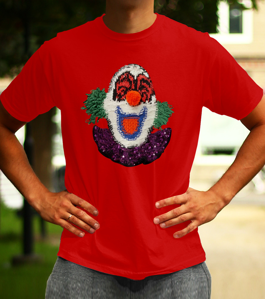 Sequin-Embellished Intarsia Wool Clown Face With Green Hair And Purple Collar T-Shirt