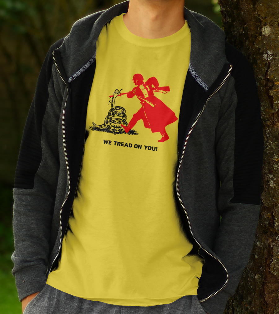 We Tread On You Revolutionary Soldier And Snake Yellow Background T-Shirt