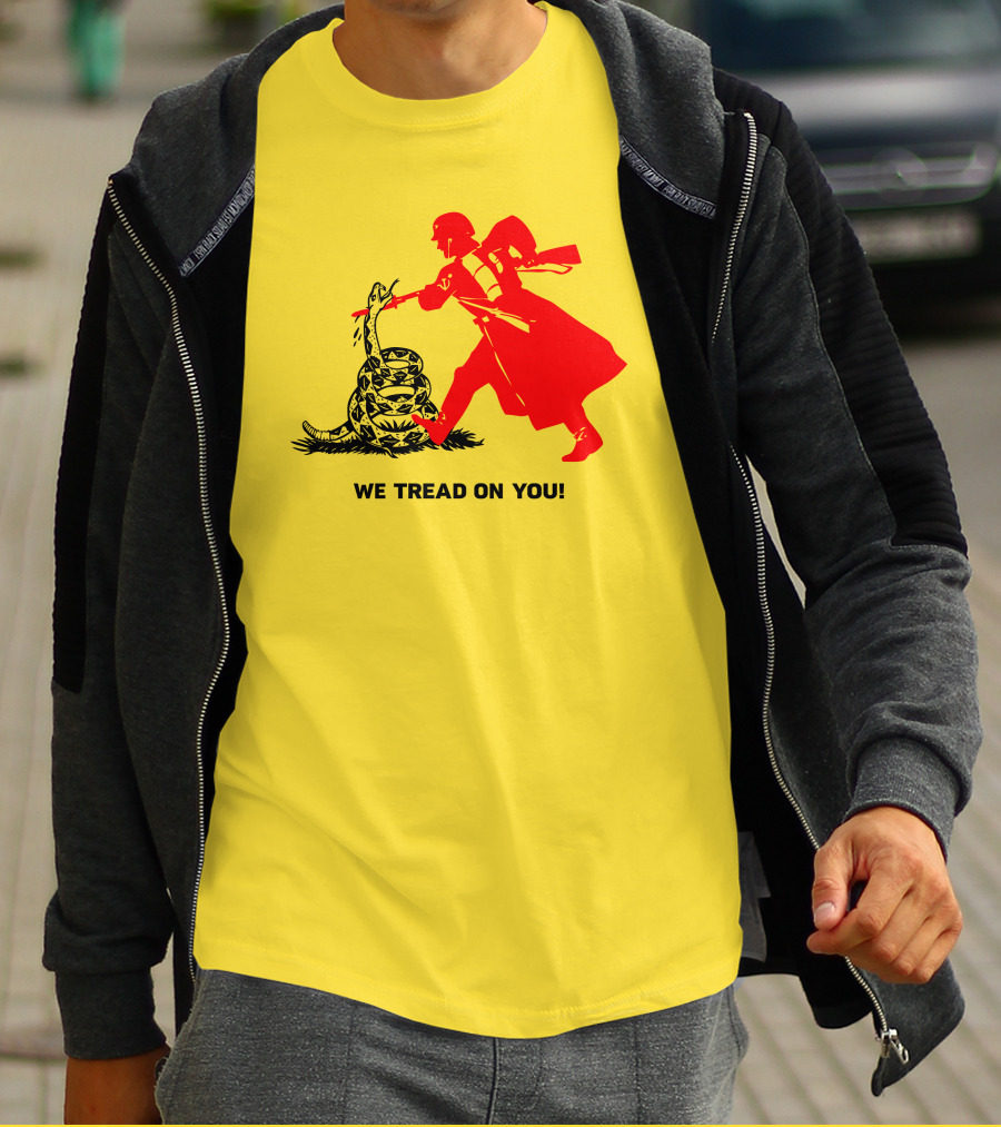 We Tread On You Revolutionary Soldier And Snake Yellow Background T-Shirt