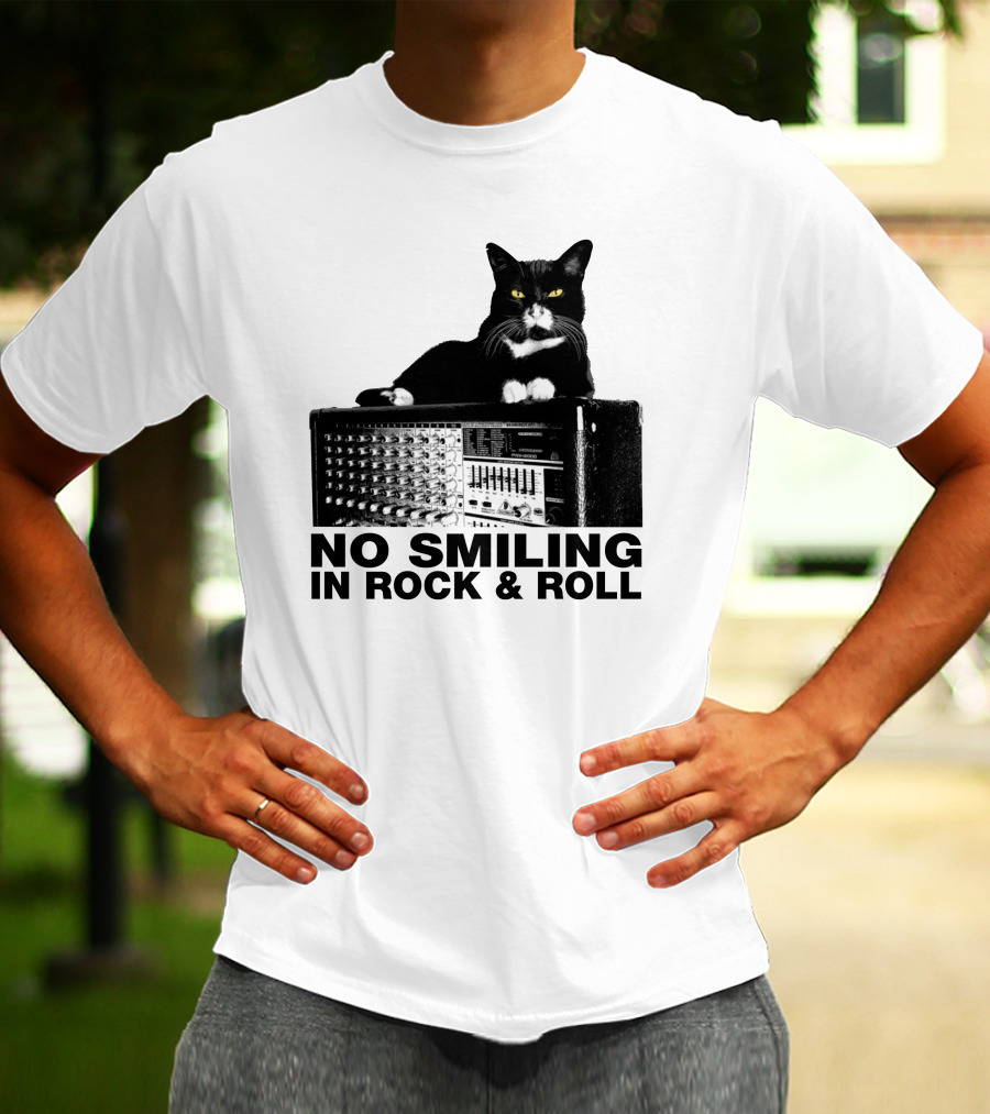 No Smiling In Rock And Roll Cat On Amplifier T-Shirt