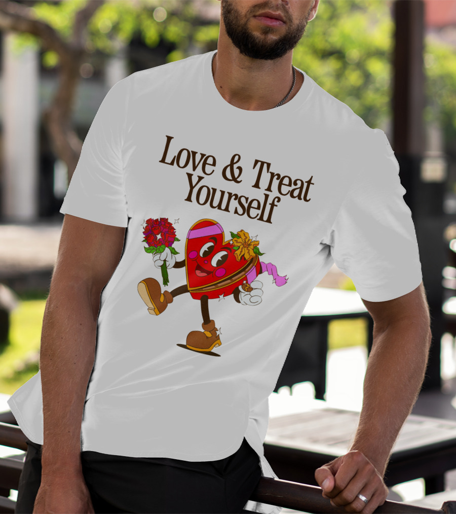 Love And Treat Yourself Heart Character With Flowers And Bow Tie T-Shirt