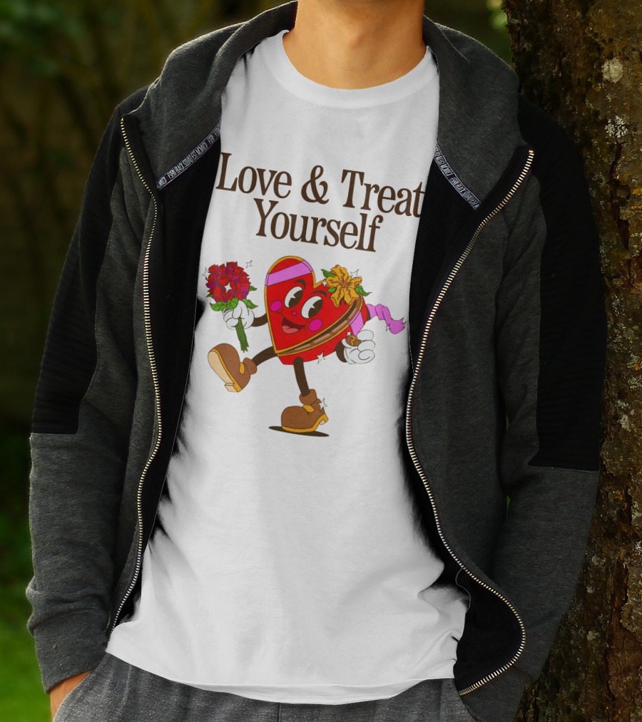 Love And Treat Yourself Heart Character With Flowers And Bow Tie T-Shirt