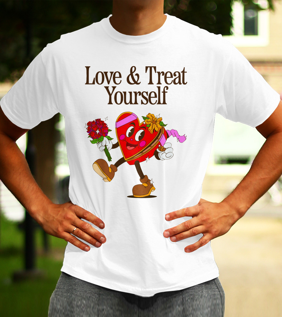 Love And Treat Yourself Heart Character With Flowers And Bow Tie T-Shirt