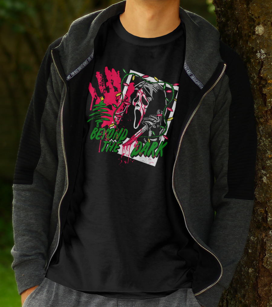 Beyond The Dark Ghost Face Christmas Lights And Bloody Handprint T-Shirt
