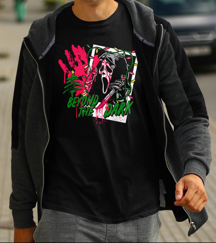 Beyond The Dark Ghost Face Christmas Lights And Bloody Handprint T-Shirt