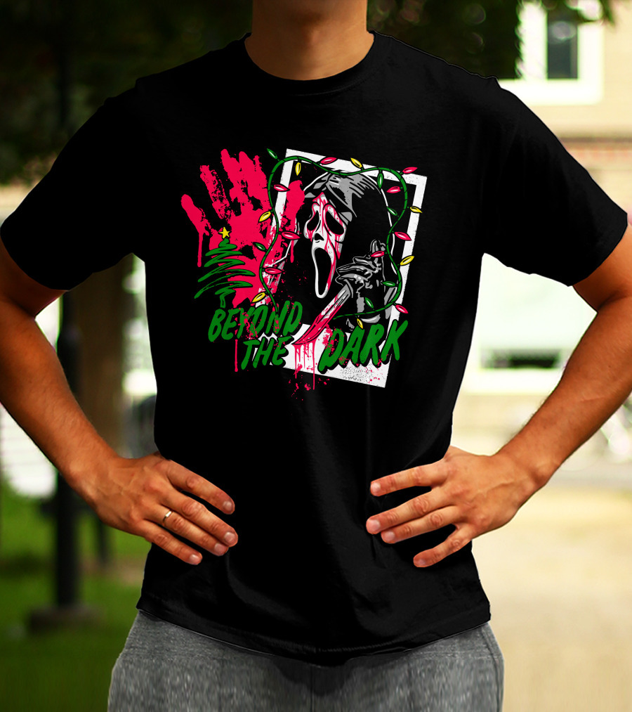 Beyond The Dark Ghost Face Christmas Lights And Bloody Handprint T-Shirt