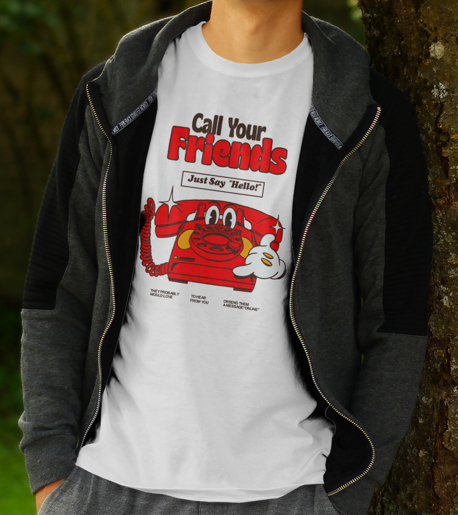 Call Your Friends Just Say Hello Retro Cartoon Telephone Message T-Shirt
