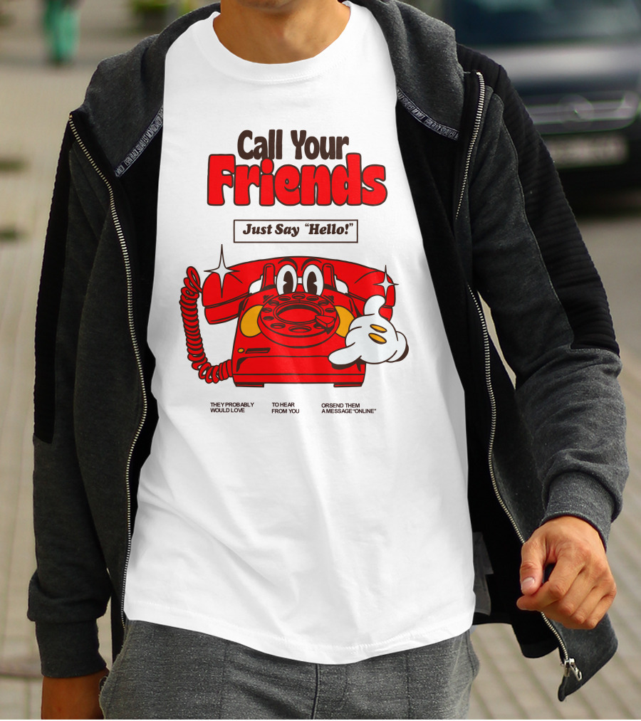 Call Your Friends Just Say Hello Retro Cartoon Telephone Message T-Shirt