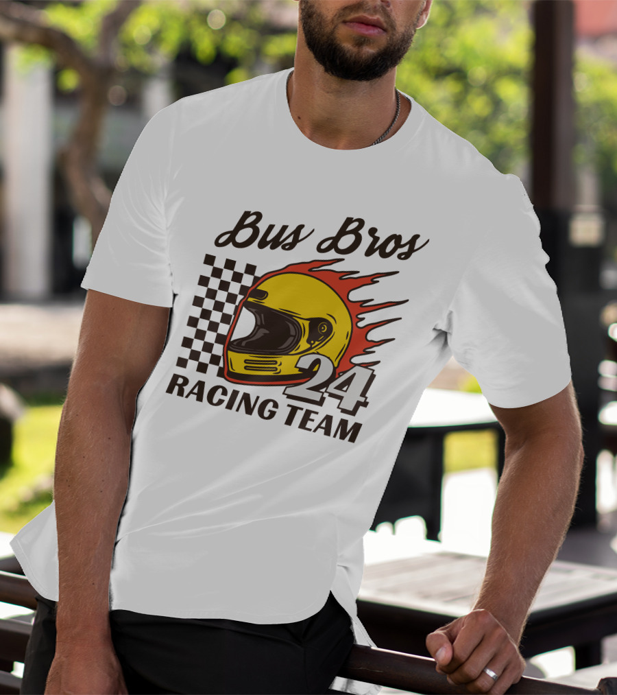 Bus Bros 24 Racing Team Helmet Flames Checkered Flag T-Shirt