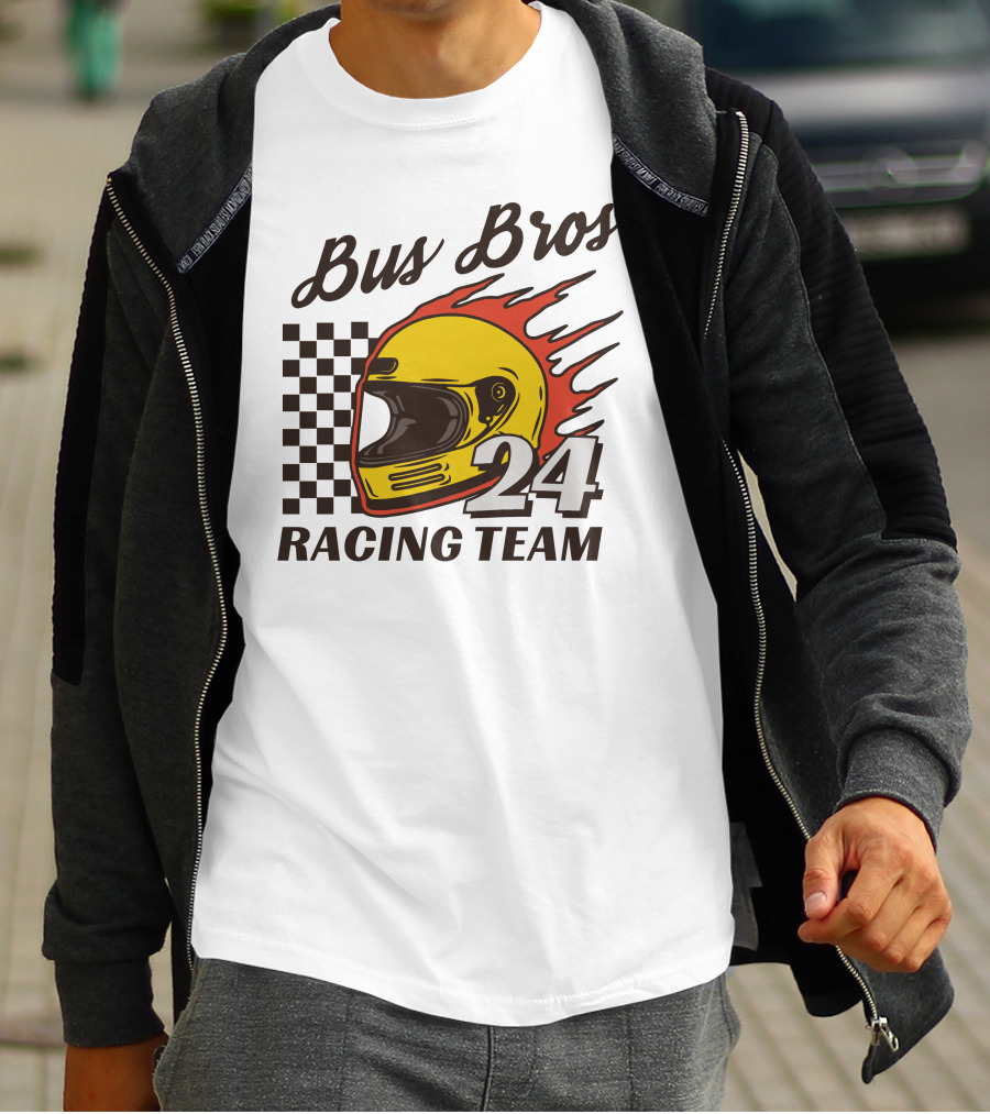 Bus Bros 24 Racing Team Helmet Flames Checkered Flag T-Shirt