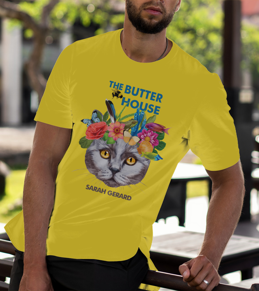 The Butter House Sarah Gerard Floral Cat With Butterflies And Fish On Yellow T-Shirt