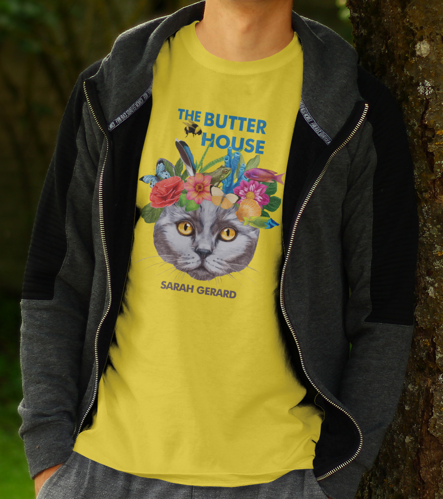 The Butter House Sarah Gerard Floral Cat With Butterflies And Fish On Yellow T-Shirt