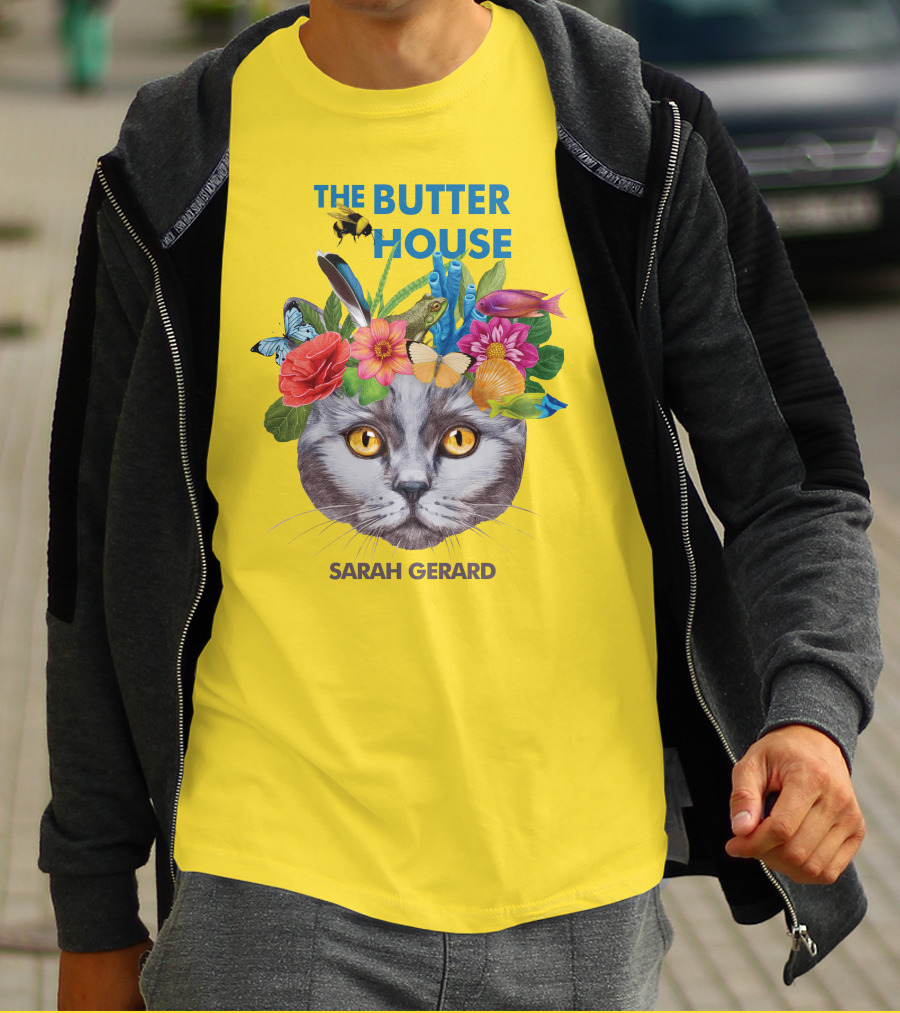 The Butter House Sarah Gerard Floral Cat With Butterflies And Fish On Yellow T-Shirt
