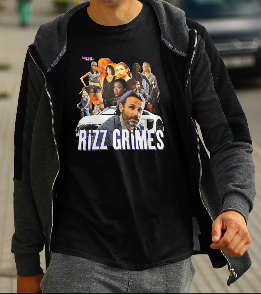 Unreal Threads Rizz Grimes Walking Dead Character Collage With Car And Flames T-Shirt