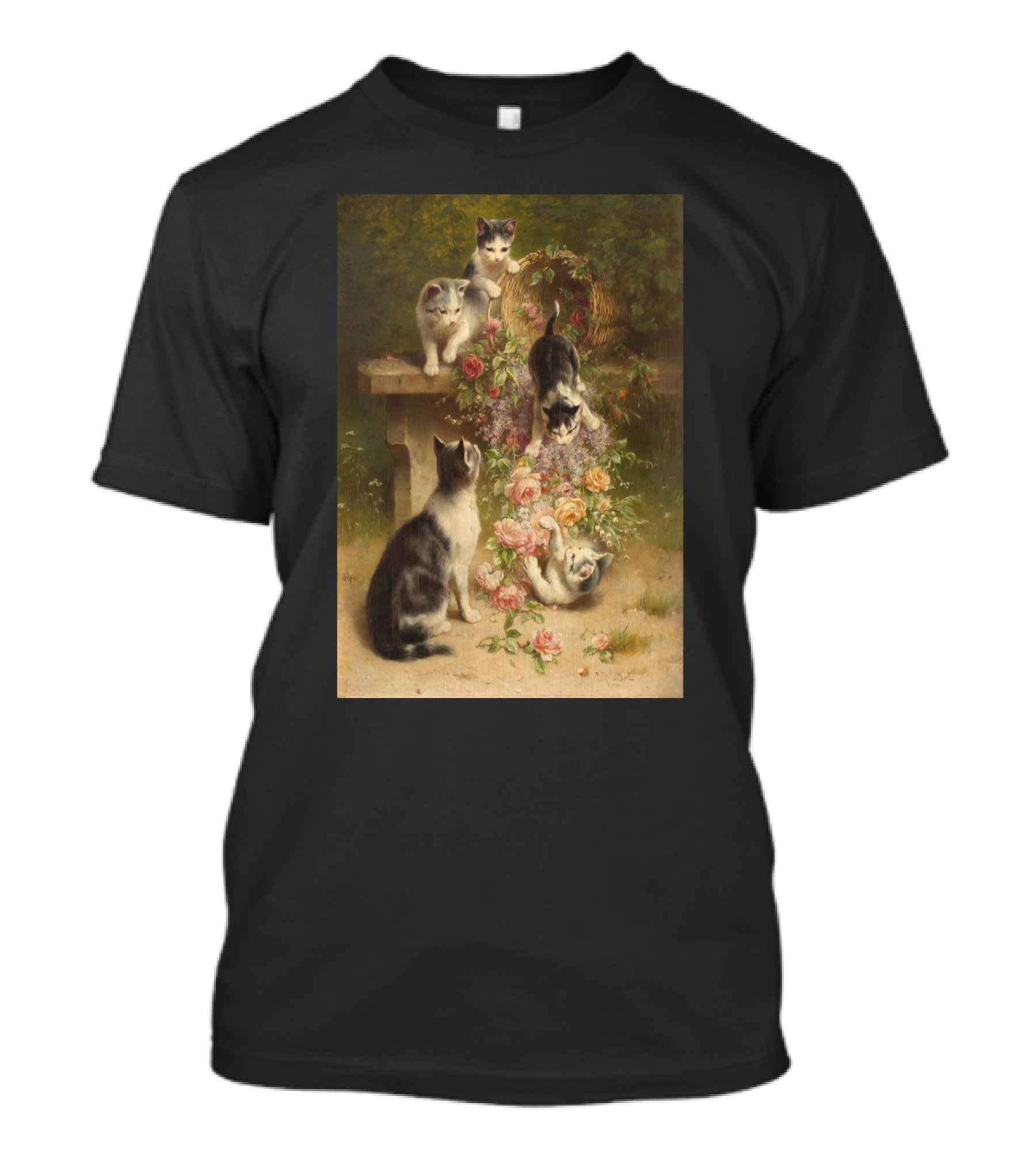 Cats And Flowers Playing On A Bench By Carl Reichert T-Shirt