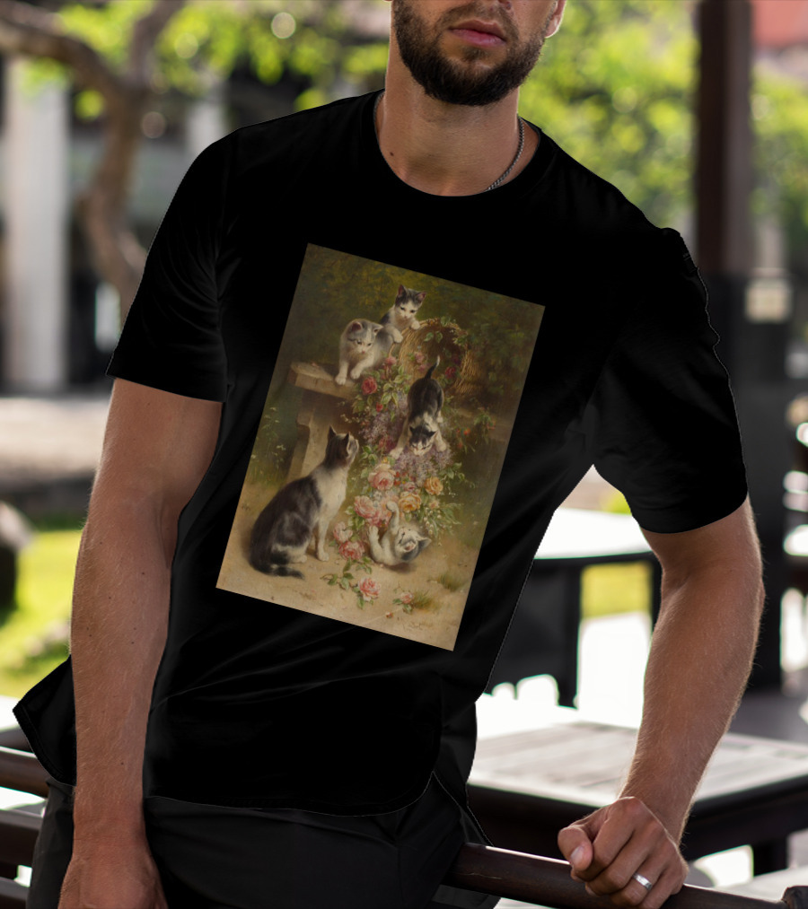 Cats And Flowers Playing On A Bench By Carl Reichert T-Shirt