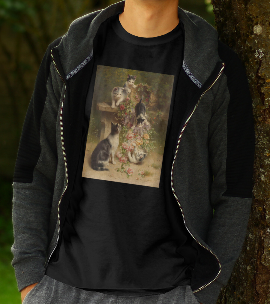Cats And Flowers Playing On A Bench By Carl Reichert T-Shirt